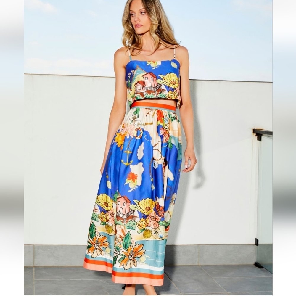 SET* Antonio Melani Evie Woven Ocean Print A-Line Coordinating Skirt Set 10 New